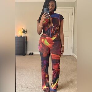 House of CB Abstract Corset Set | Size M | Sculpted Boned Top + Flare Pant